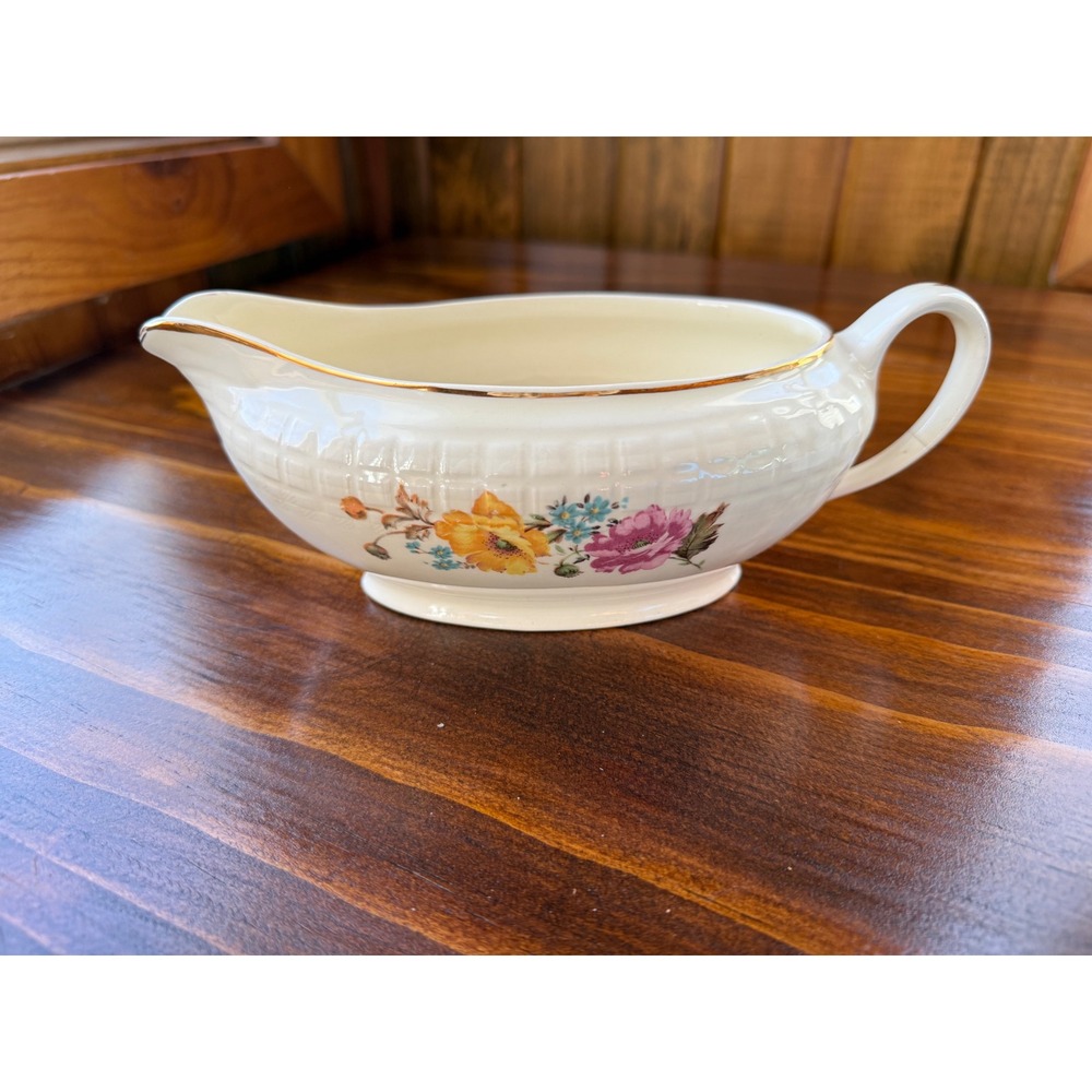 Vintage Edwin M Knowles China Floral Gravy Boat ‎ Gold Trim Vintage USA 38-12